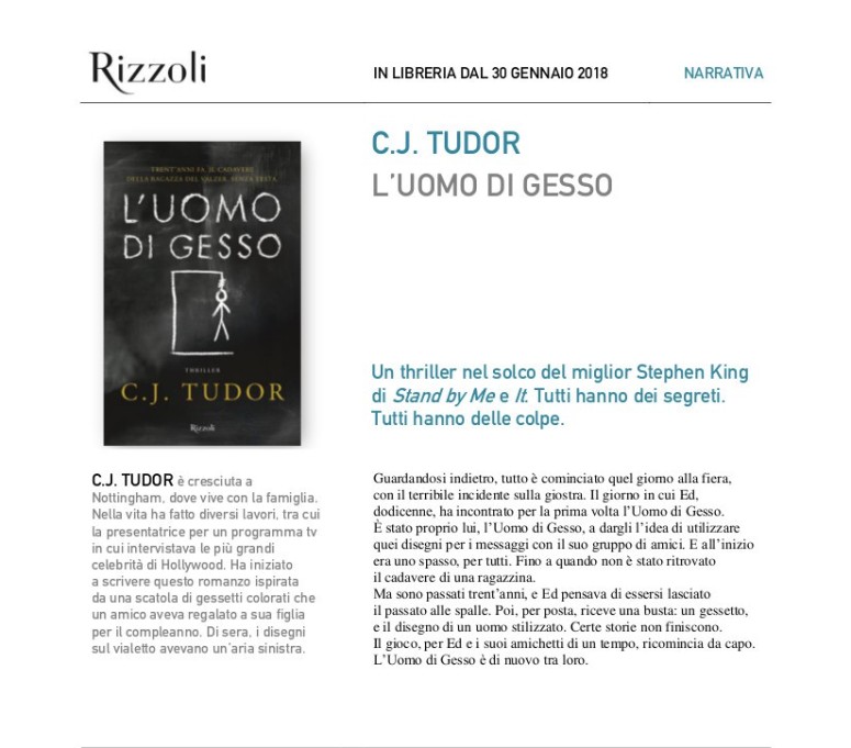 L'uomo di gesso, C.J. Tudor, Rizzoli